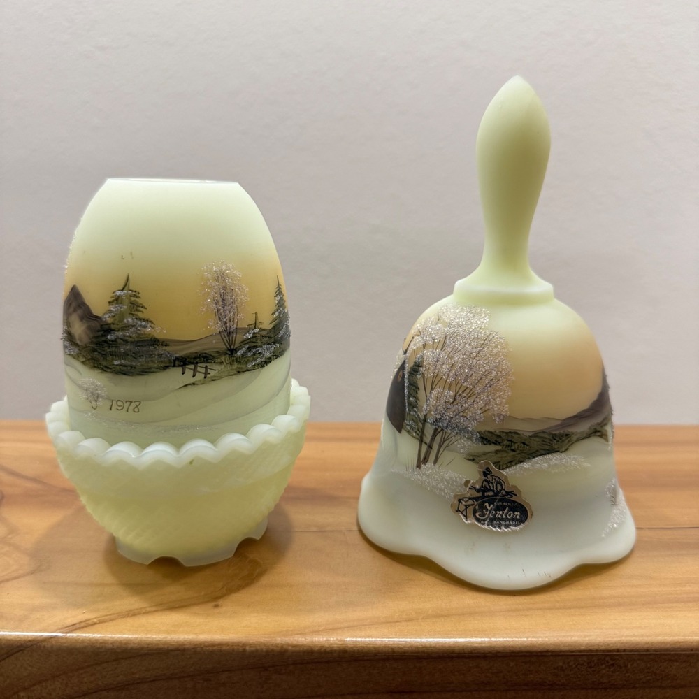 Vintage 78 Rare Fenton Custard Uranium Glass Matching Fairy Lamp + Bell Set